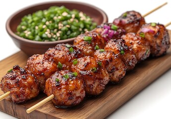 Grilled Chicken Meatballs Skewers with Green Onion Salad