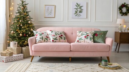 A festive living room scene with a pink sofa adorned with Christmas-themed pillows, a decorated Christmas tree, and wrapped gifts.

