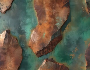 Oxidized copper, rich brown and green patina, uneven surface, texture background, history