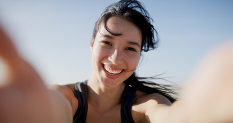 Fitness selfie, woman and portrait at beach for exercise vlog, social media blog or online running...