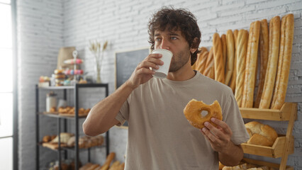 Handsome young man drinking coffee and eating a donut while standing in a cozy bakery with loaves of bread and pastries in the background