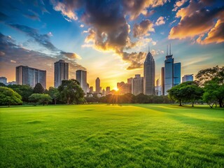 Obraz premium Bangkok City Park Silhouette: Green Grass Field & Skyscrapers at Sunset