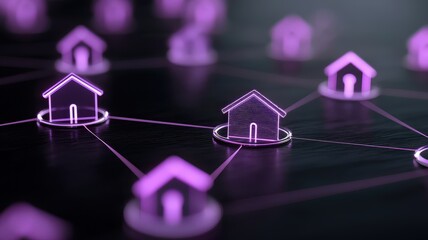 property loan and credit concept. Digital network of houses connected by lines, glowing in purple tones.