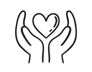 hand holding heart doodle hand drawn icon. Outline drawing love and care line clipart symbol