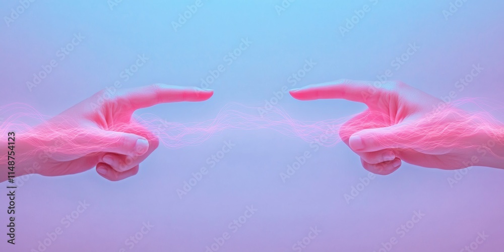 Poster hands creating energy flow futuristic holographic concept in pastel tones