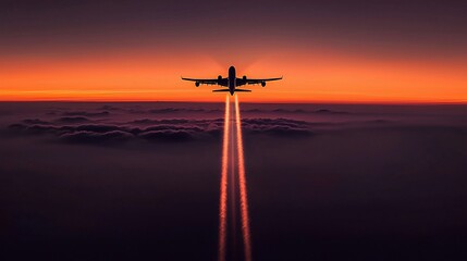 Airplane taking off at sunset, above clouds.