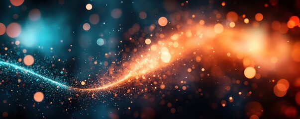 Obraz premium Abstract sparkling light trail with orange and blue glowing particles on a dark background