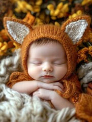Adorable infant girl sleeping peacefully in a cozy fox-themed hat among autumn flowers.