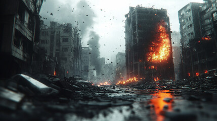 post-apocalyptic cityscape showcasing destroyed buildings, burning rubble, and a polluted environment, symbolizing chaos, devastation, and the collapse of civilization in a dystopian world