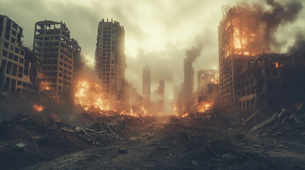post-apocalyptic cityscape showcasing destroyed buildings, burning rubble, and a polluted environment, symbolizing chaos, devastation, and the collapse of civilization in a dystopian world