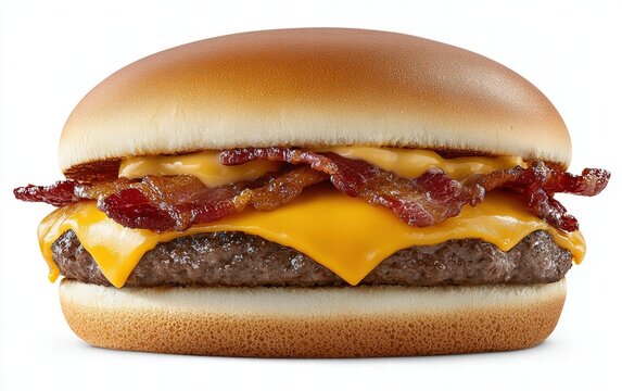 A gourmet cheeseburger with crispy bacon and melted cheddar cheese. - Powered by Adobe