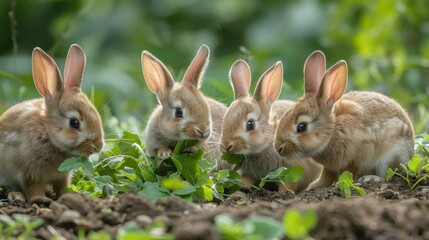 Obraz premium Group of babies of rabbit eating and playing close to his burrow ( Species Oryctolagus cuniculus.) telephoto lens realistic bright lighting --ar 16:9 --v 6 Job ID: 5240720e-a3c9-4147-8488-5b458f581d93