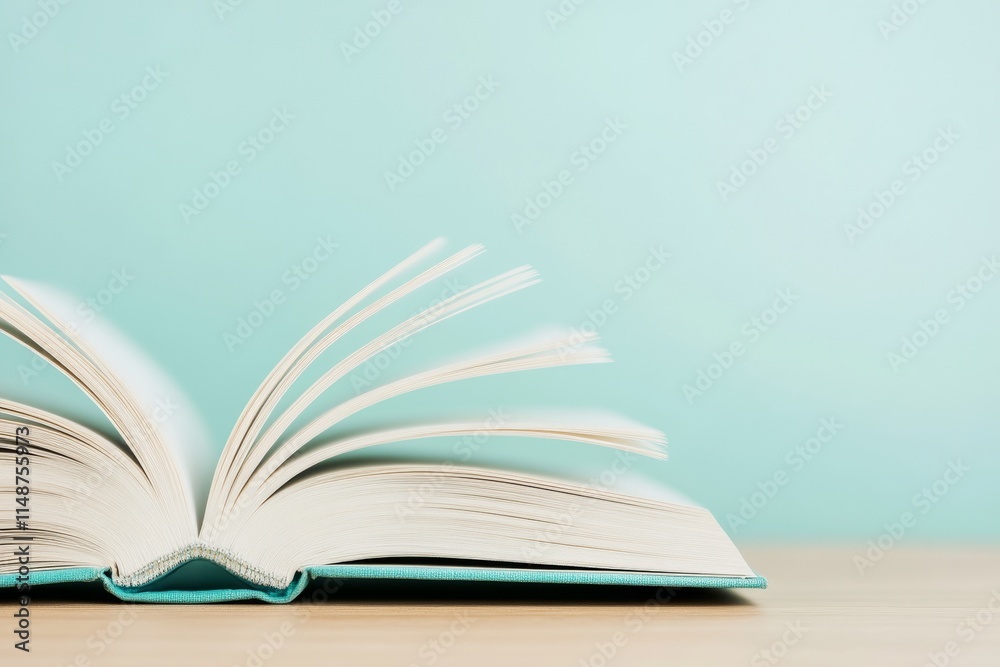 Poster serene open book on wooden table with soft light and minimalist style