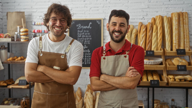Two male bakers standing together inside a bakery, smiling confidently with arms crossed in front of a display filled with various freshly baked bread and pastries. - Powered by Adobe