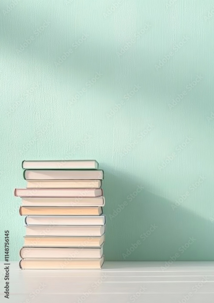 Poster serene stack of books on minimalist table in pastel light