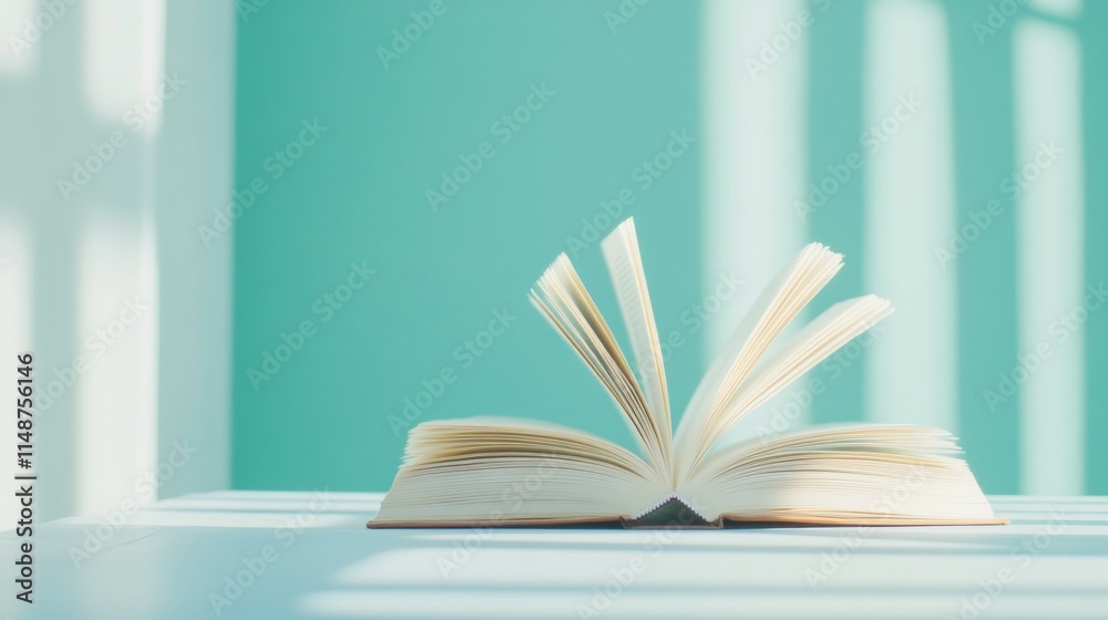 Poster open book with soft light on pale background, surreal and dreamlike atmosphere