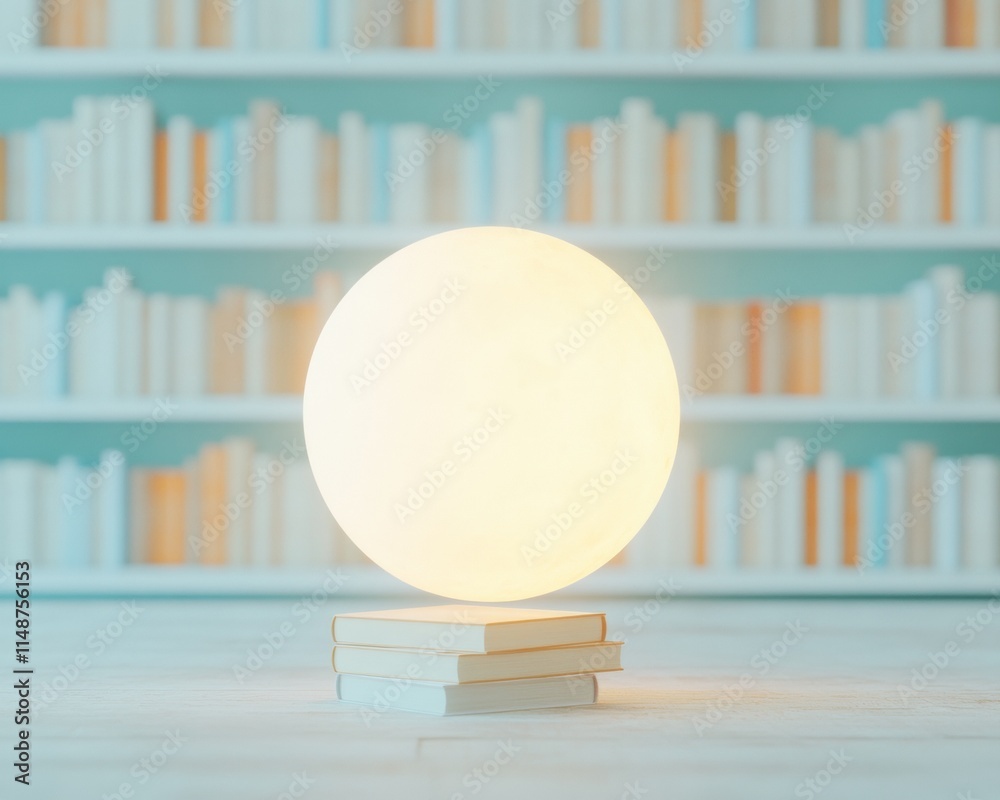 Poster glowing orb on books in dreamlike library setting