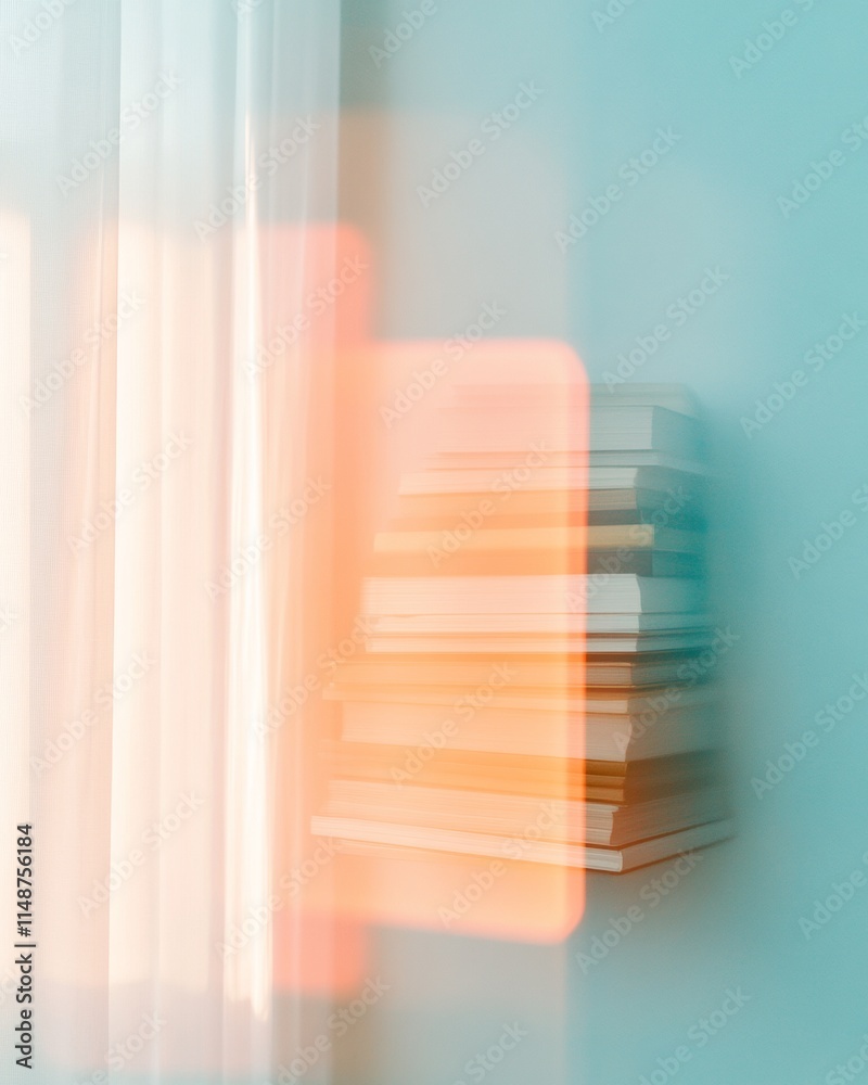 Poster surreal glowing bookshelf through translucent glass in dreamlike space