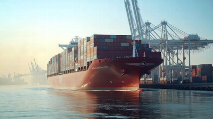 Fototapeta premium A large cargo ship navigating through calm waters at a bustling port.