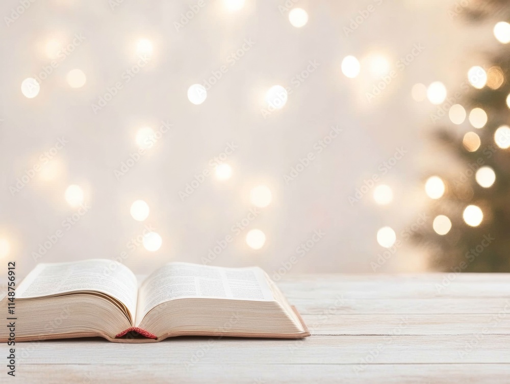 Poster Minimalist Serenity Open Book on Wooden Table with Soft Bokeh Lights in Background