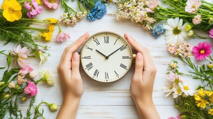 Daylight savings time change and reminder to spring forward concept with clock on light background with springtime flowers