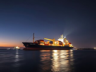 Container Ship at Dusk, Tranquil Harbor Scene AI Generated