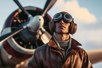 Fototapeta premium A retro-themed image of a pilot wearing a classic leather jacket and goggles, standing beside a vintage propeller plane.