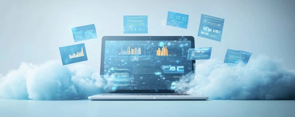 Innovative digital workspace with flying documents and laptop technology