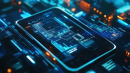 Futuristic tablet with glowing digital circuit board.