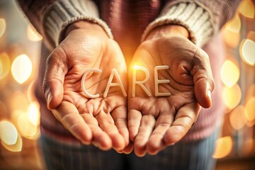 Hands gently holding the word care with warm lighting and glowing bokeh, a heartwarming wallpaper background