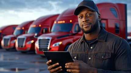 Black male truck driver using a tablet in front of red semi-trucks, showcasing modern logistics.