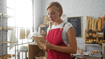 Young blonde woman taking orders in a bakery shop interior with fresh bread and pastries in the background