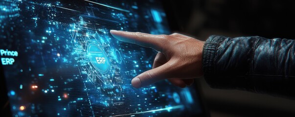 Businessman interacting with futuristic digital touch screen interface