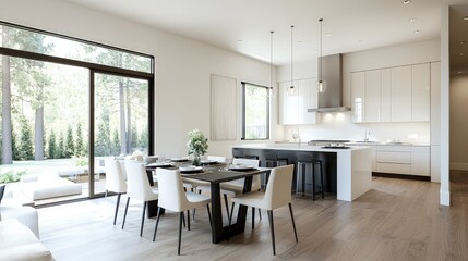 Modern open-plan kitchen and dining area with large windows and access to a backyard.