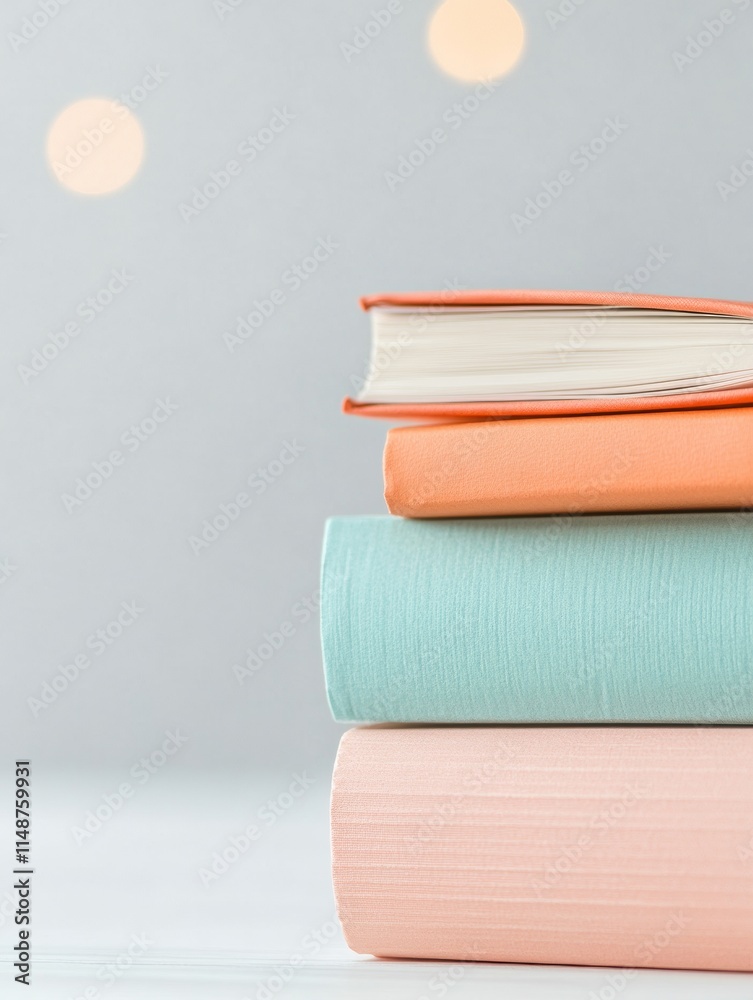 Poster pastel book stack on minimalist background with soft lighting