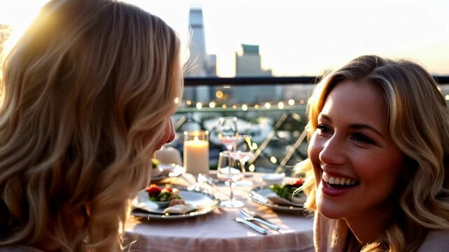 A close-up of a young wavy blonde woman, laughing with her mother across a candlelit table. They enjoy gourmet dishes on a rooftop patio adorned with string lights.