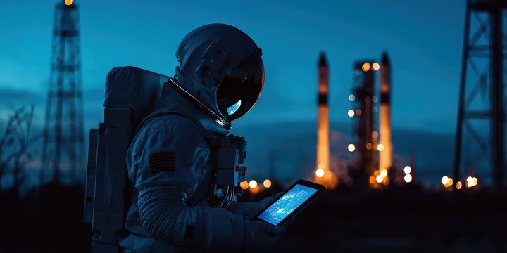 Astronaut reviewing data on a tablet at dusk, with rockets in the background.