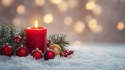 Christmas Background - Red Candle in winter snow landscape background - Blank greeting card with magic golden bokeh lights with copy space for your Xmas Advent greeting card