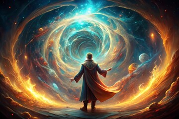 Enigmatic figure channeling magic through a glowing portal of energy, enveloped by an ethereal vortex in a fantasy background