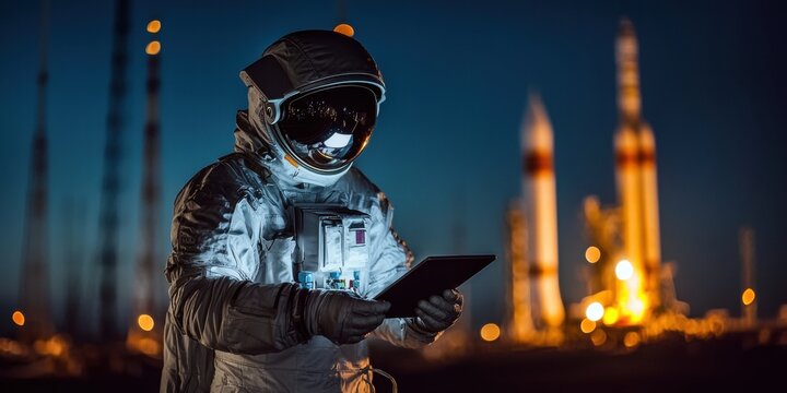 An astronaut in a space suit uses a tablet near a rocket launch pad at night.