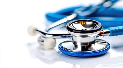 Close-up of a blue stethoscope on a white background.
