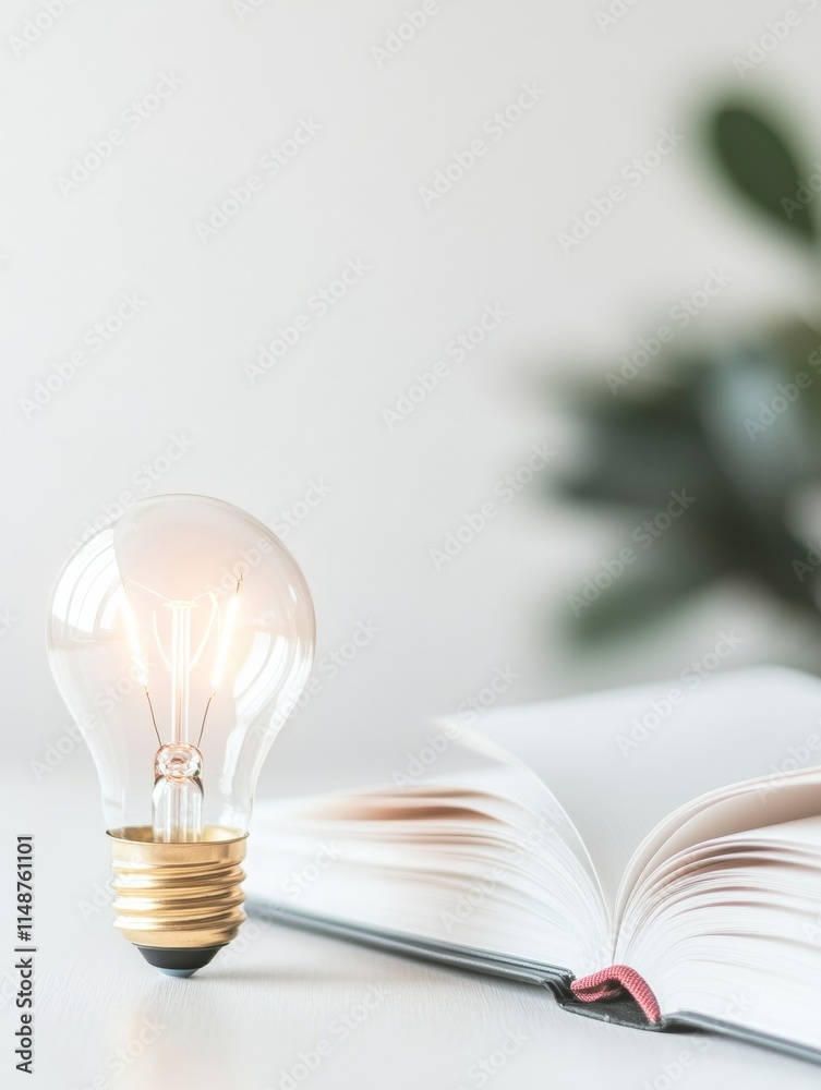 Poster minimalist learning concept with open book and softly lit light bulb