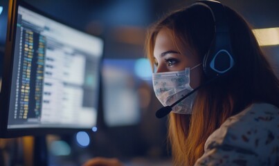A focused individual wearing a mask and headset, working at a computer station.