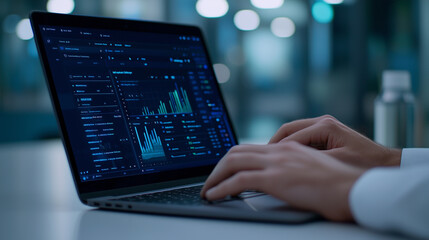Close Up of Professional Hands Typing on Laptop in Minimalist Office