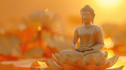 The Lord Buddha meditated gracefully on a lotus flower with an orange background. (About Buddhism)