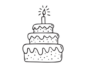 happy birthday cake doodle hand drawn icon. Outline drawing birthday cake with candles line clipart symbol