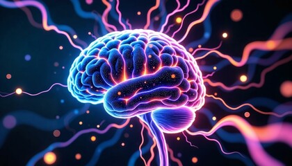 Futuristic digital visualization of a brain with colorful neural connections and light effects