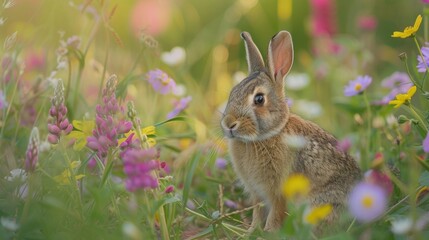Fototapeta premium Wild rabbits Rabbit two (Oryctolagus cuniculus) juvenile baby animal amongst flowers on grassland, Suffolk, England, United Kingdom Many colorful flowers, beautiful