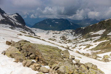 Nasty weather in the Alps. Dark cloudy sky and overcast before the rain and storm. Stormy weather....