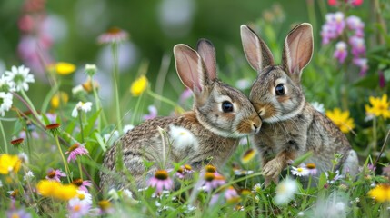 Fototapeta premium Wild rabbits Rabbit two (Oryctolagus cuniculus) juvenile baby animal amongst flowers on grassland, Suffolk, England, United Kingdom Many colorful flowers, beautiful